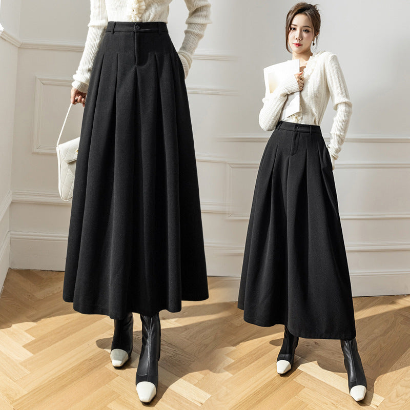 High Waist Korean Style Large Swing Pleated Slimming Woolen Long Skirt